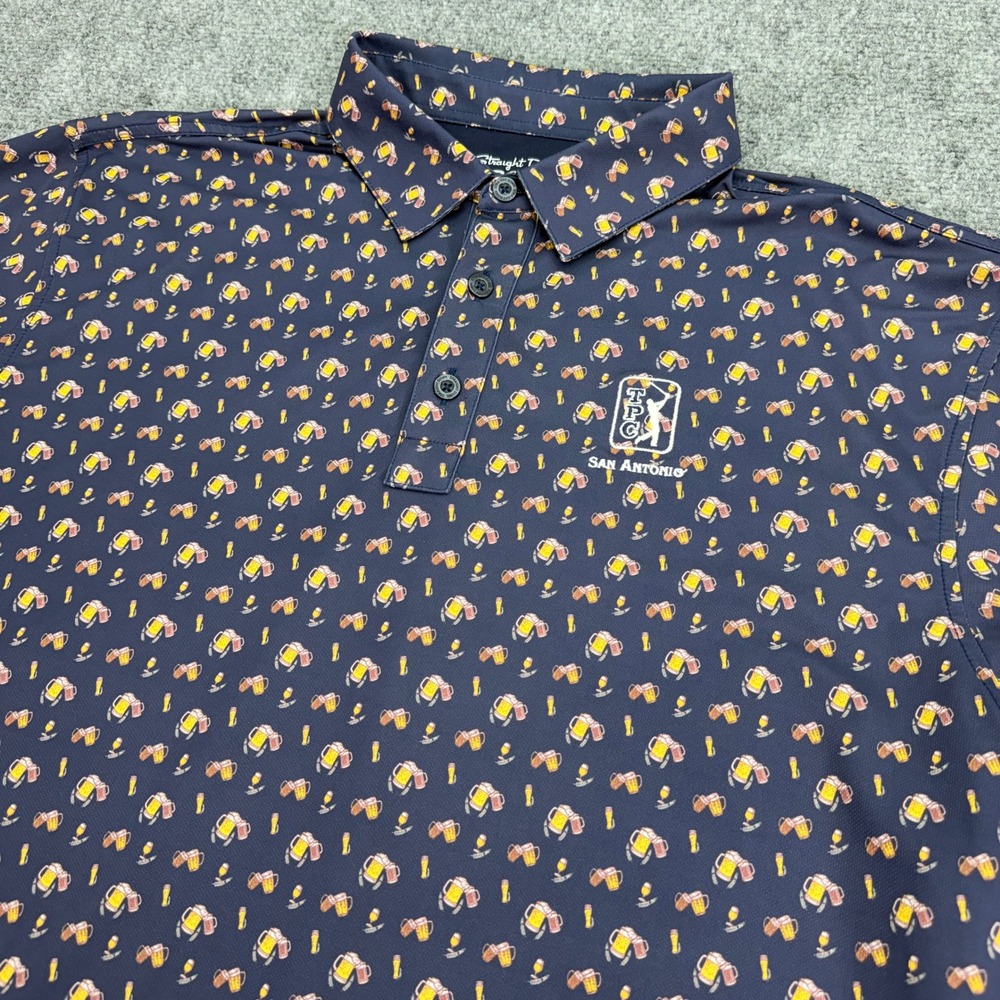 Straight Down Polo Shirt Mens XL Navy Beer Print TPC San Antonio Golf Stretch